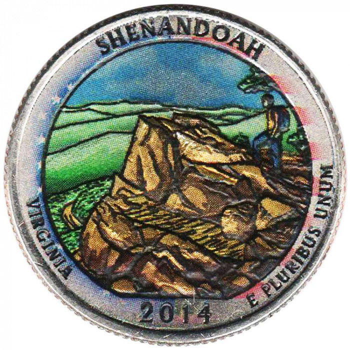 (022d) Монета США 2014 год 25 центов &quot;Шенандоа&quot;  Вариант №2 Медь-Никель  COLOR. Цветная